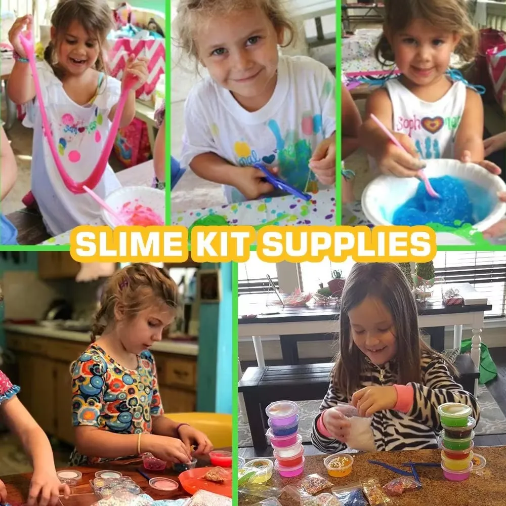 Kit de 126 piezas para hacer slime de bricolaje - montaje de juego infantil con la leyenda de materiales del kit de slime y niños estirando y mezclando slimes de colores sobre una mesa de manualidades