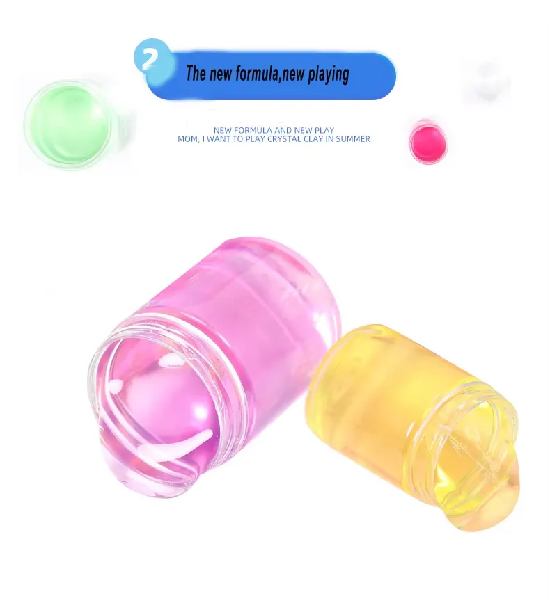 Destaque de la nueva fórmula del Set de Slime de Cristal Multicolor: slime de cristal rosa y amarillo vertiéndose de frascos inclinados con superposición de texto sobre la experiencia de juego actualizada