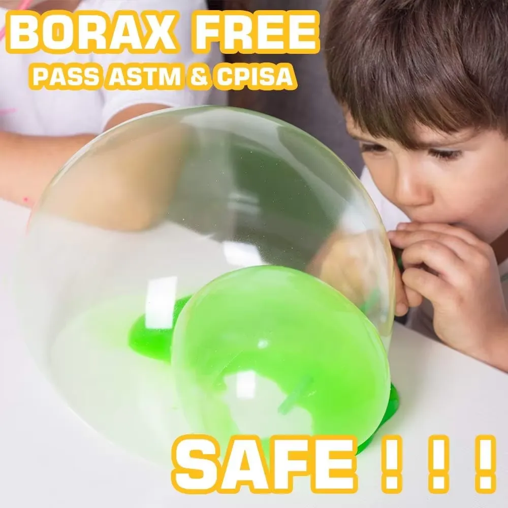Kit de 126 piezas para hacer slime de bricolaje - niño soplando una gran burbuja cristalina transparente de slime verde con etiqueta de seguridad ASTM y CPISA libre de borax