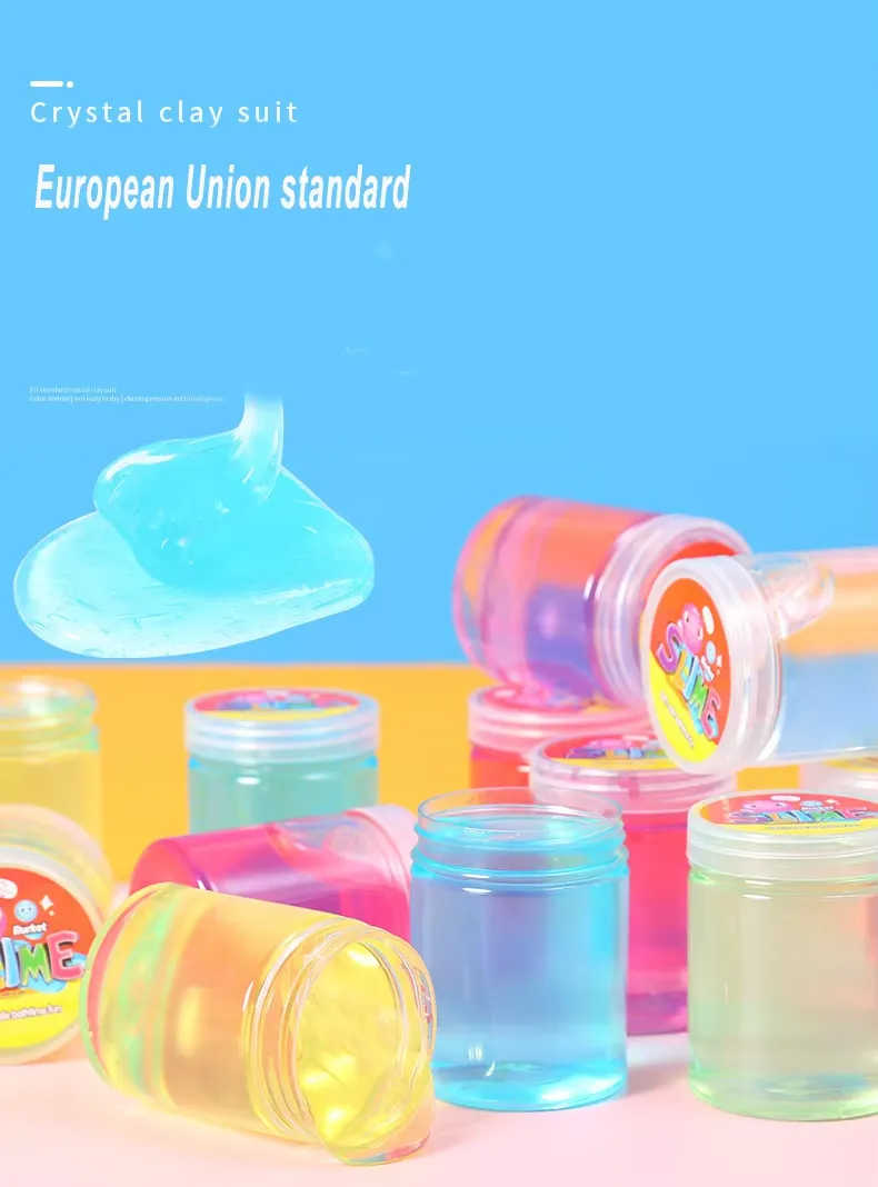 Set de Slime de Cristal Multicolor: imagen etiquetada como estándar de la Unión Europea mostrando frascos inclinados con slime azul siendo vertido, demostrando la claridad del cristal
