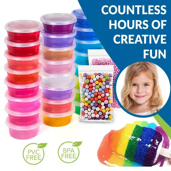 Kit de Slime de Cristal de 52 Pcs etiquetado como Horas Ilimitadas de Divertida Creatividad. Altas pilas de frascos de slime de colores pastel junto a una niña sonriente con insignias de Libre de PVC y Libre de BPA.