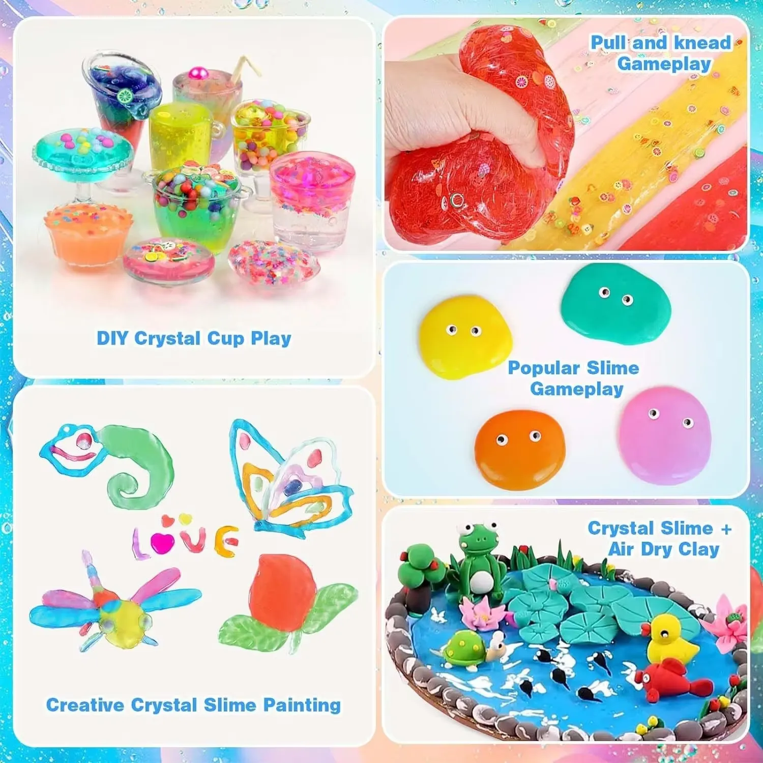 Kit de 126 piezas para hacer slime de bricolaje - cuatro paneles de juego etiquetados: copa cristal de bricolaje, amasado de slime, formas populares y una escena de manualidades de estanque de slime cristal