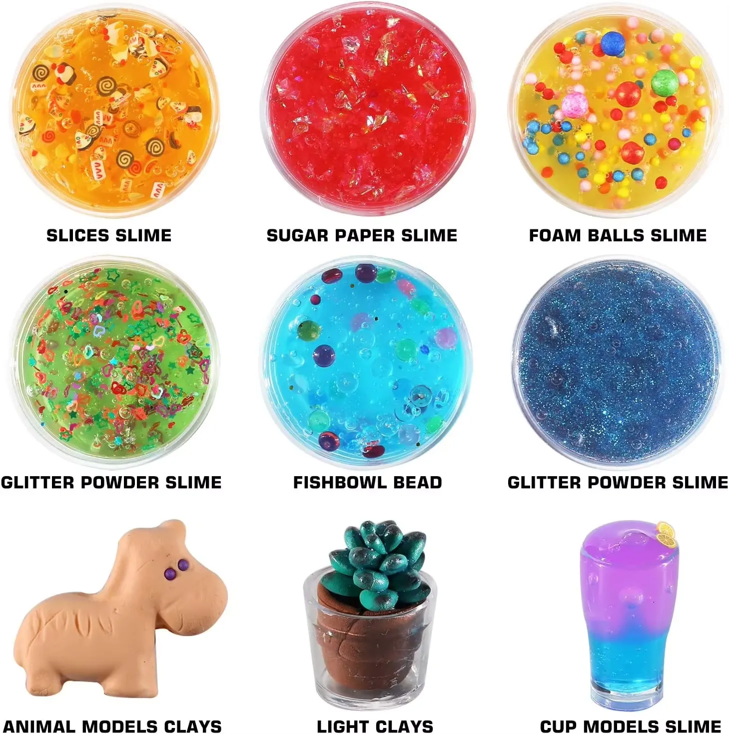 Kit de 126 piezas para hacer slime de bricolaje - nueve paneles de tipos de slime etiquetados: rodajas, papel azucarado, bola de espuma, brillantina, perla de pecera y miniaturas de plastilina
