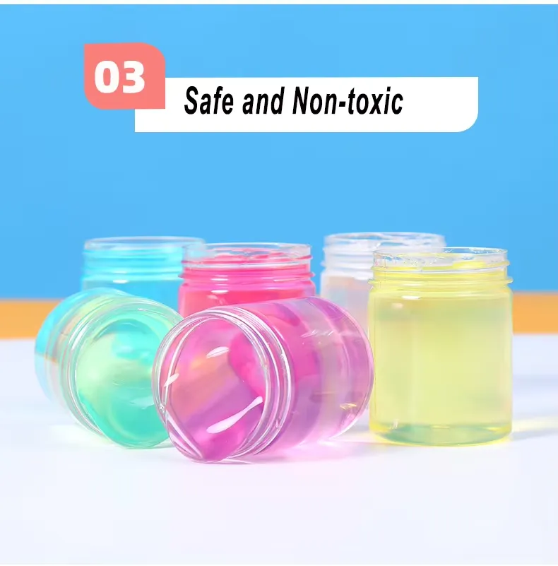 Set de Slime de Cristal Multicolor: función de certificación de seguridad y no tóxico mostrando cinco frascos de slime de cristal abiertos en colores limpios y variados, enfatizando la calidad del material seguro para niños