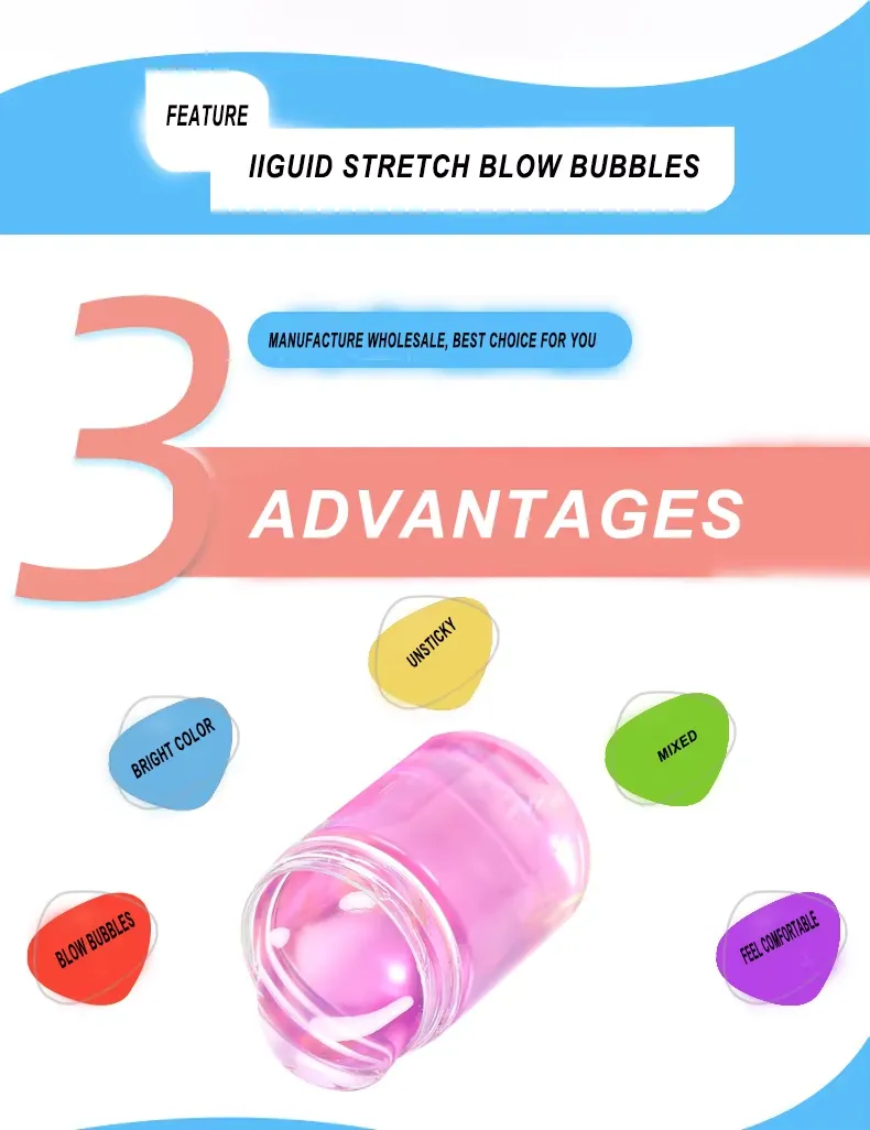 Set de Slime de Cristal Multicolor: infografía de tres ventajas que destaca el color brillante, textura no pegajosa, capacidad de mezclar, soplar burbujas y sensación cómoda, con visualización del producto