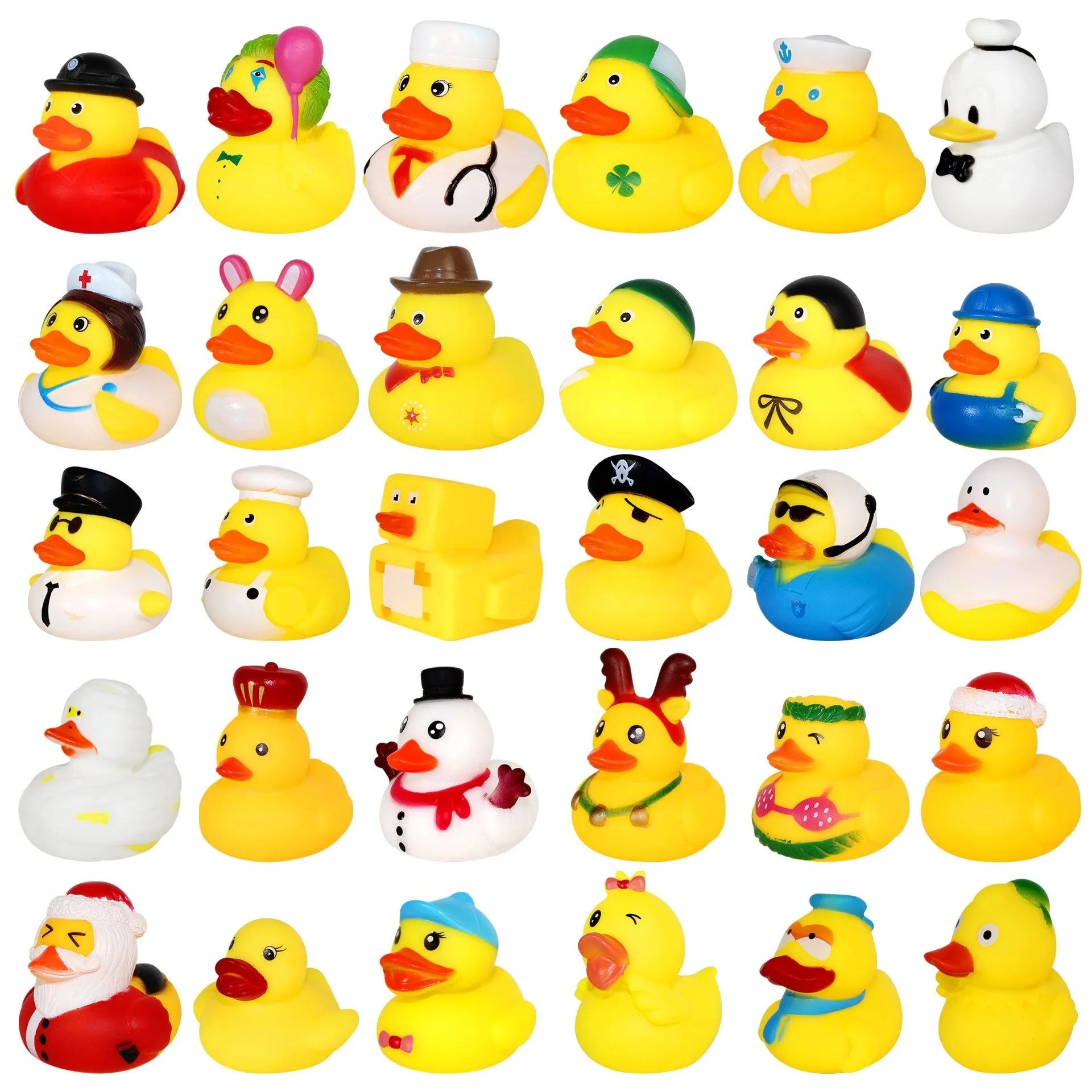 Patitos de goma coloridos para el baño: cuadrícula de treinta patos temáticos de profesiones, incluyendo doctores, marineros, policías, cocineros y más disfraces