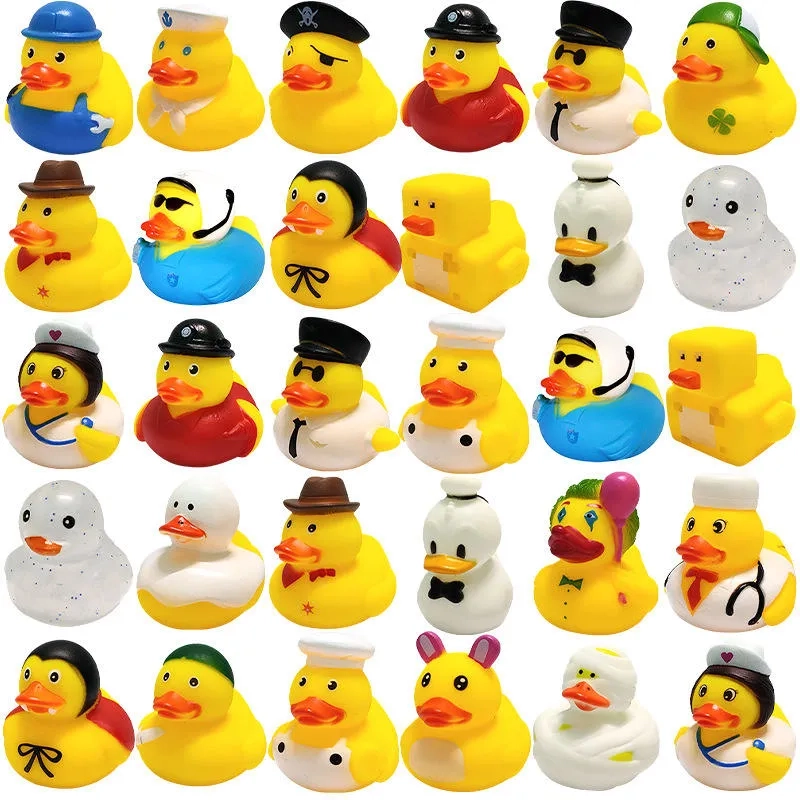 Patitos de goma coloridos para el baño: siete patos de ocupaciones exhibidos sobre bloques de espuma coloridos, temas de doctor, marinero, enfermera, policía