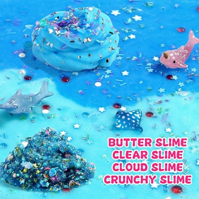 Kit de slime de bricolaje con temática de galaxia con tipos de slime etiquetados, incluido mantequilla, transparente, nube y crujiente, con detalles de animales marinos sobre fondo azul.