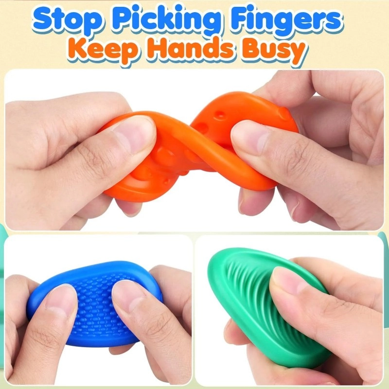 Silicone Sensory Stone labeled Stop Picking Fingers Keep Hands Busy showing hands squeezing orange blue green stones
