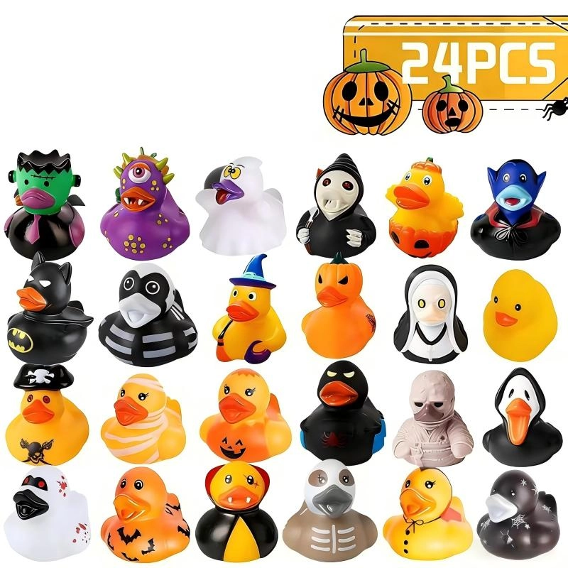 Patitos de goma coloridos para el baño: etiquetado de 24 PIEZAS, set de patos con tema de Halloween en cuadrícula con iconos de calabaza en la cabecera