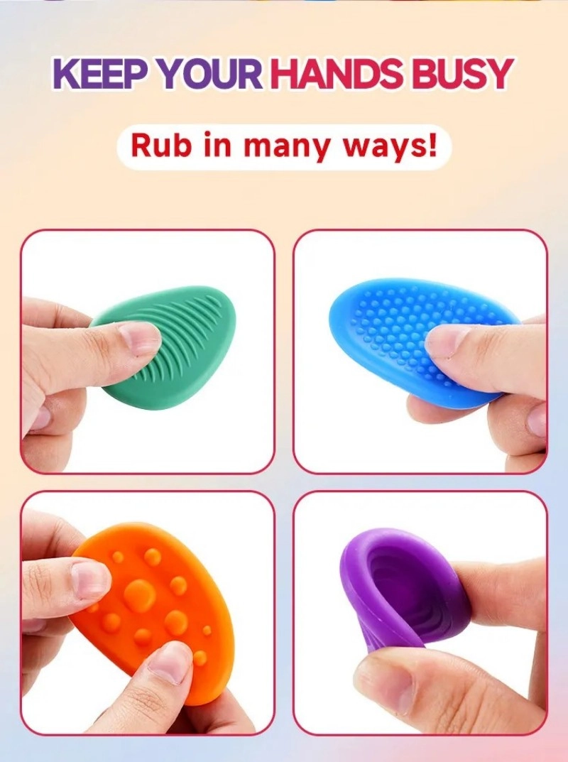Silicone Sensory Stone labeled KEEP YOUR HANDS BUSY Rub in many ways four panel rubbing technique demonstration