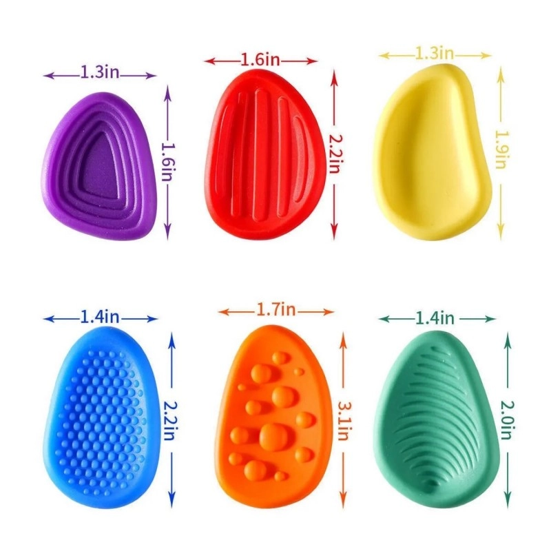 Silicone Sensory Stone size specification chart showing six pieces with exact inch measurements for each dimension