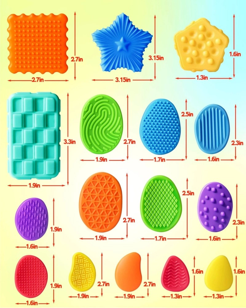 Silicone Sensory Stone complete collection display of various shaped sensory items with individual size labels in inches