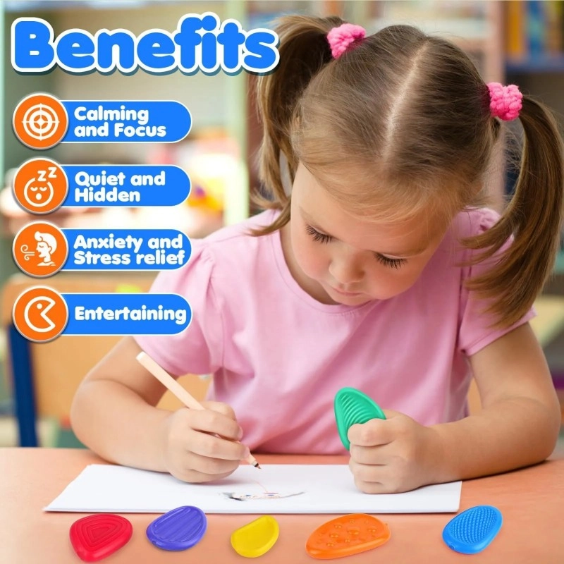 Silicone Sensory Stone labeled Benefits showing child using stone while writing with calming focus relief features listed