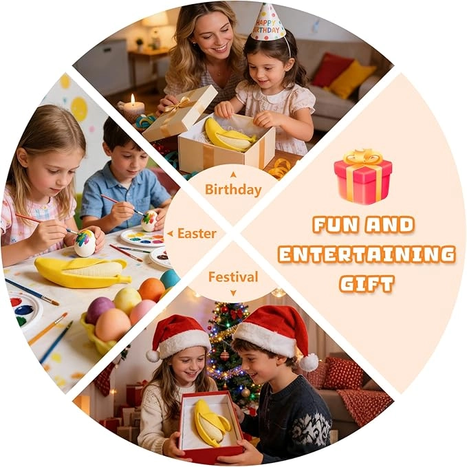 Diagrama circular del juguete mullido de plátano de TPR: REGALO DIVERTIDO Y ENTRETENIDO, con tres escenas: Cumpleaños, Pascua y Festival, mostrando cada una al juguete mullido como regalo.
