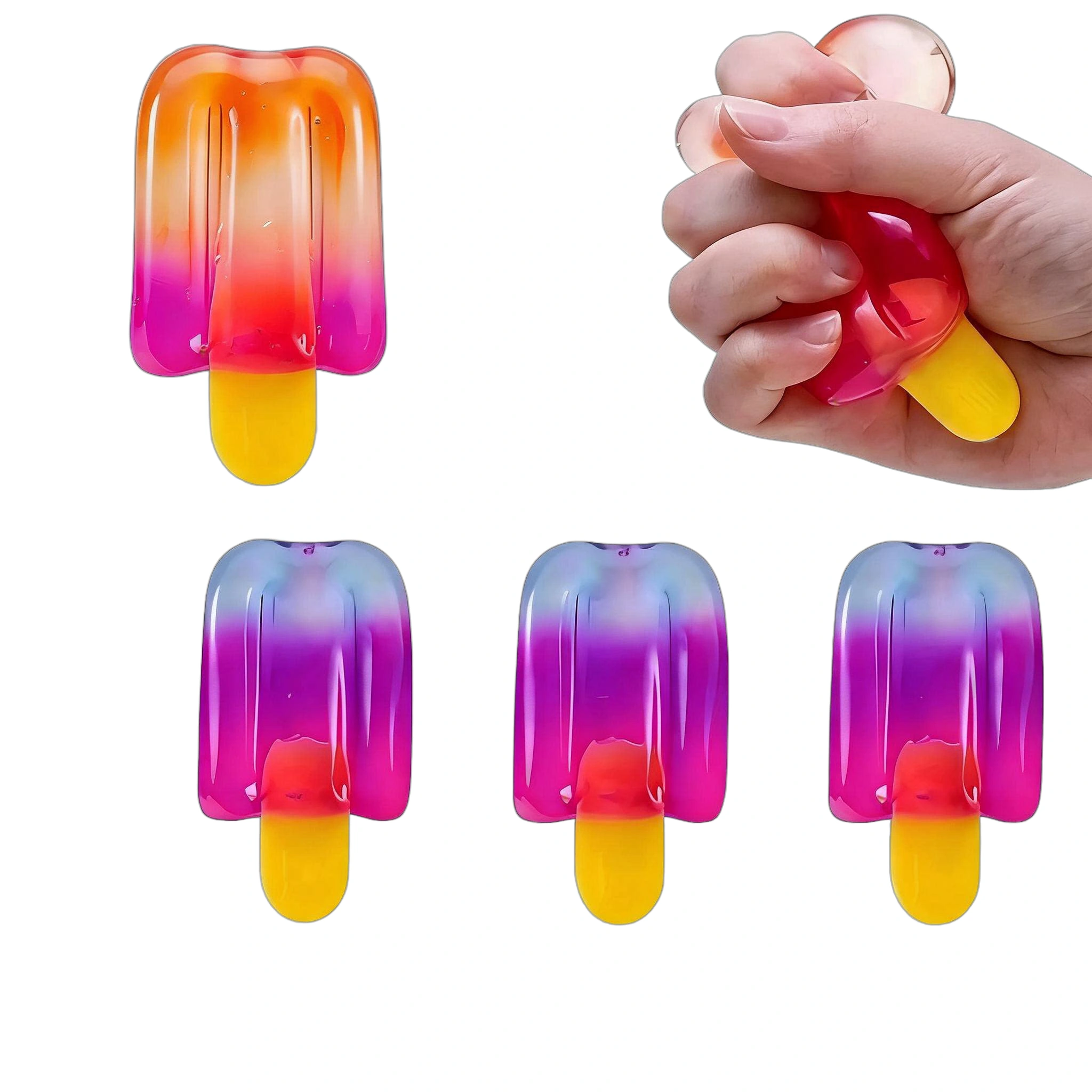 Juguete Squishy de Piruleta Relleno de Maltosa mano presionando una piruleta naranja con tres moradas debajo