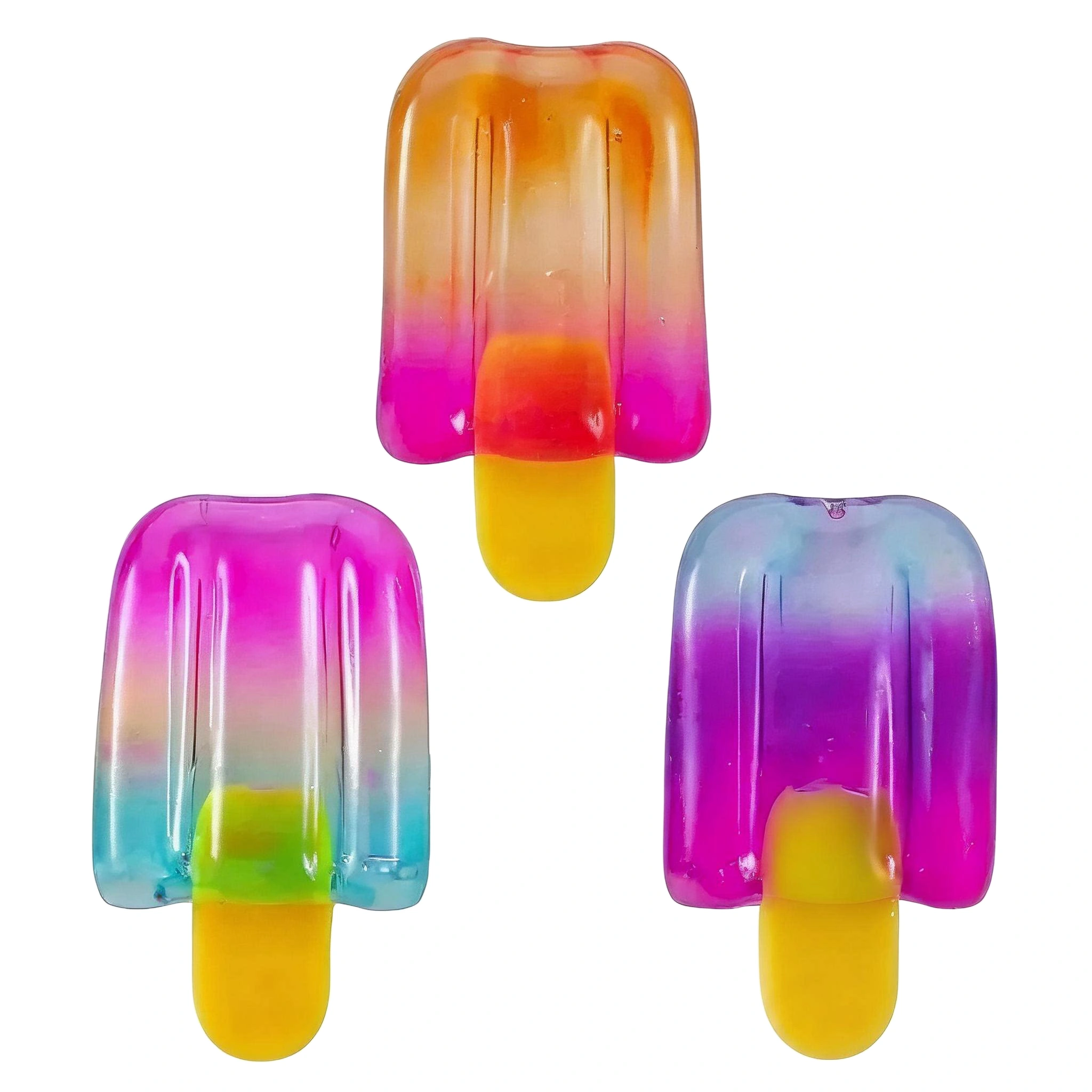 Juguete Squishy de Piruleta Relleno de Maltosa tres piruletas de degradado surtidas dispuestas para demostración en uso
