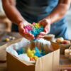 Hands holding colorful kinetic sand above an open bulk export carton
