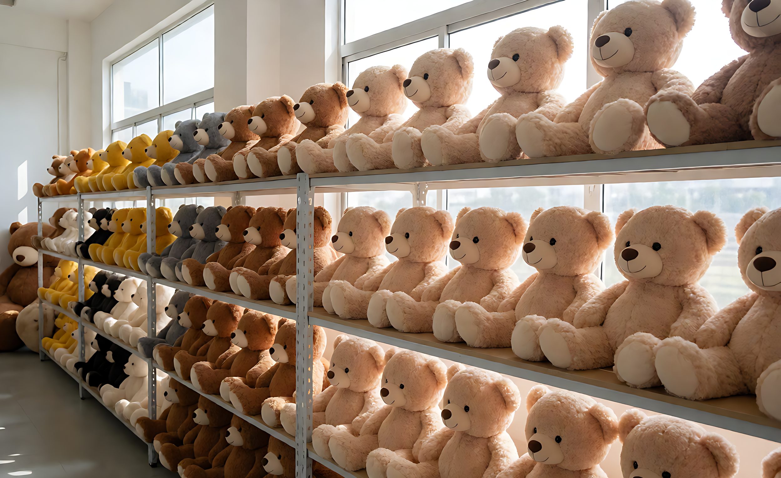 Rows of plush teddy bears and animal toys on factory shelves
