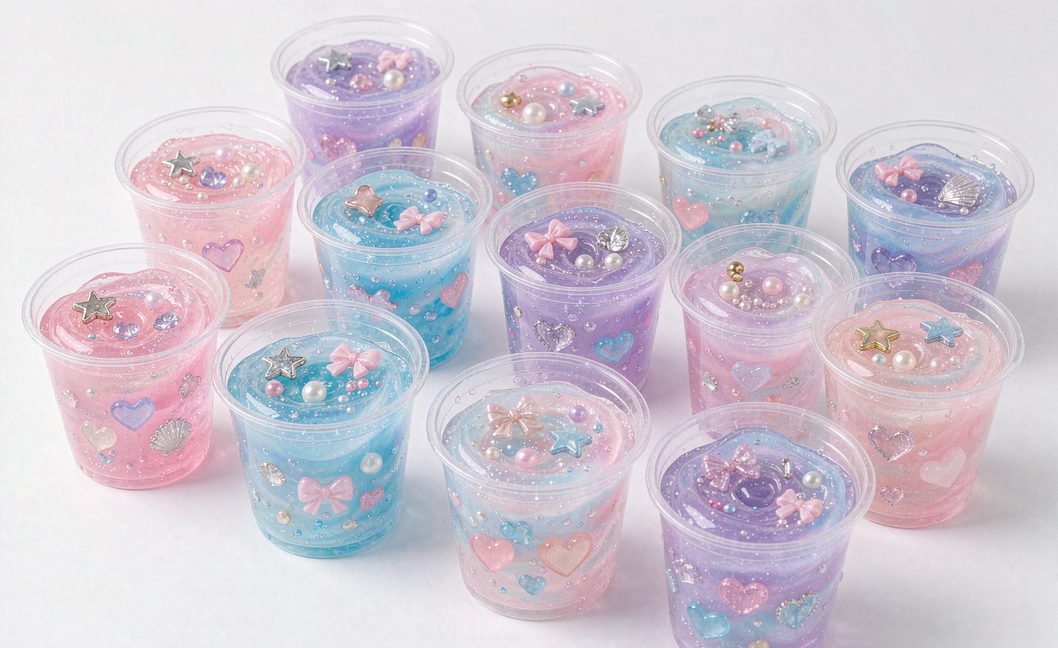 Colorful slime kits in clear plastic cups arranged for wholesale distribution