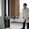 Corrugated carton positioned on a laboratory drop test tower above the floor