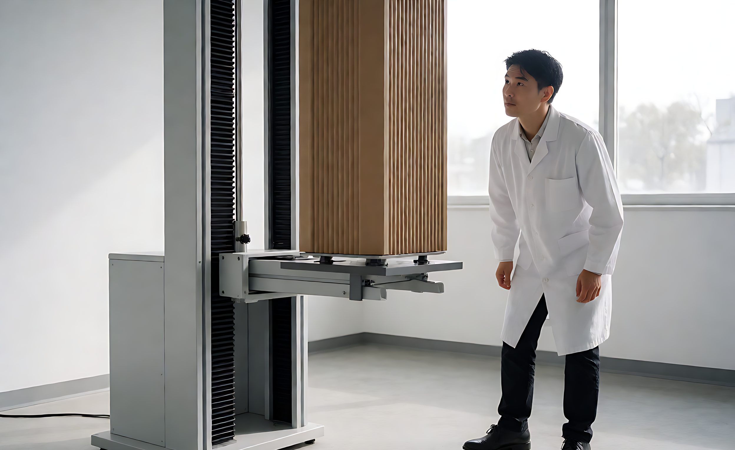Corrugated carton positioned on a laboratory drop test tower above the floor