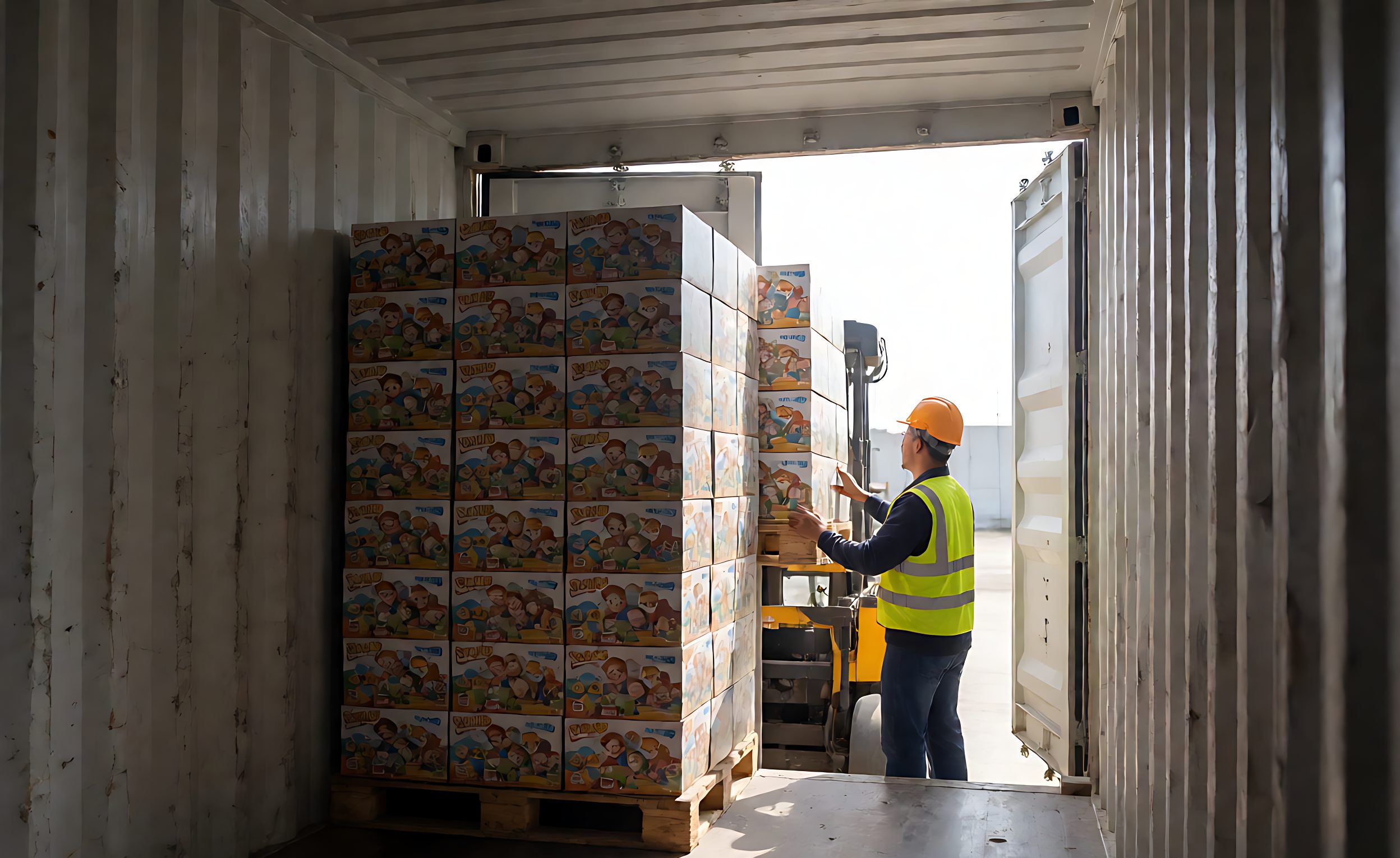 Shipping container interior being loaded with stacked cartons of toy packs