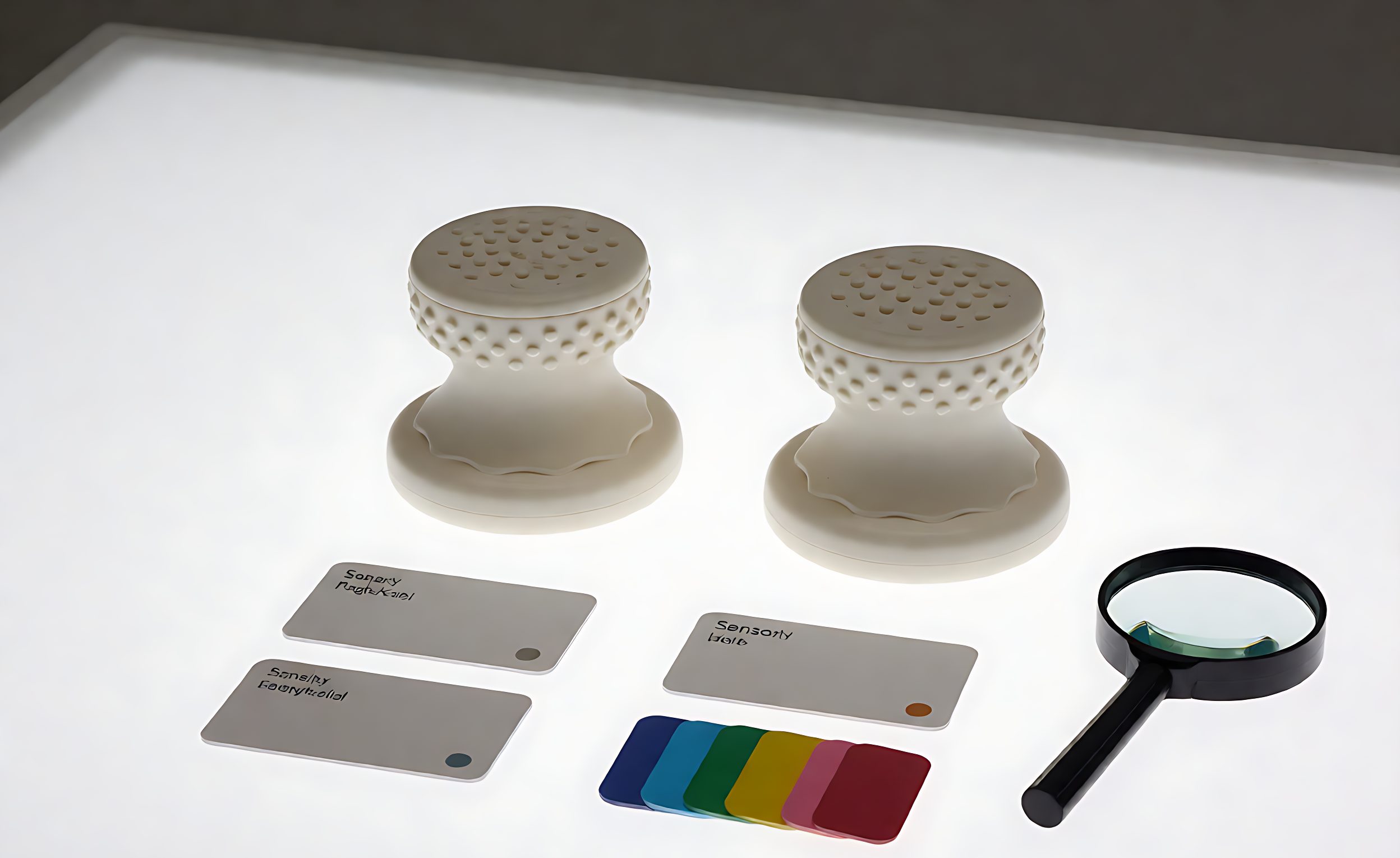 Two toy samples compared on a light table with colour swatches and a magnifier