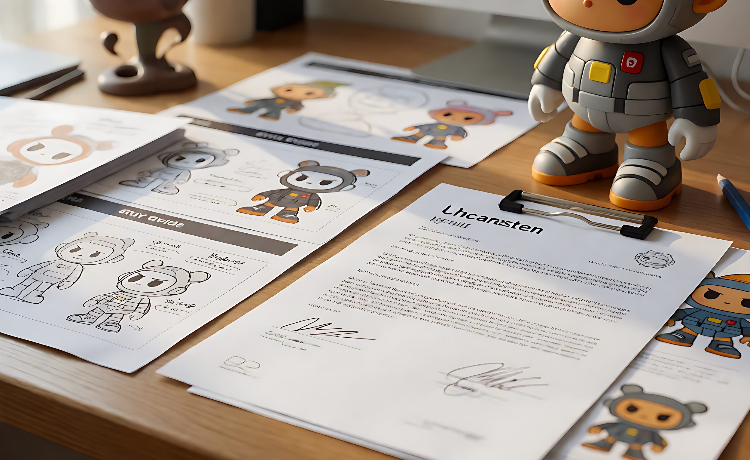 Signed licensing agreement and style guide sheets beside a prototype toy figure