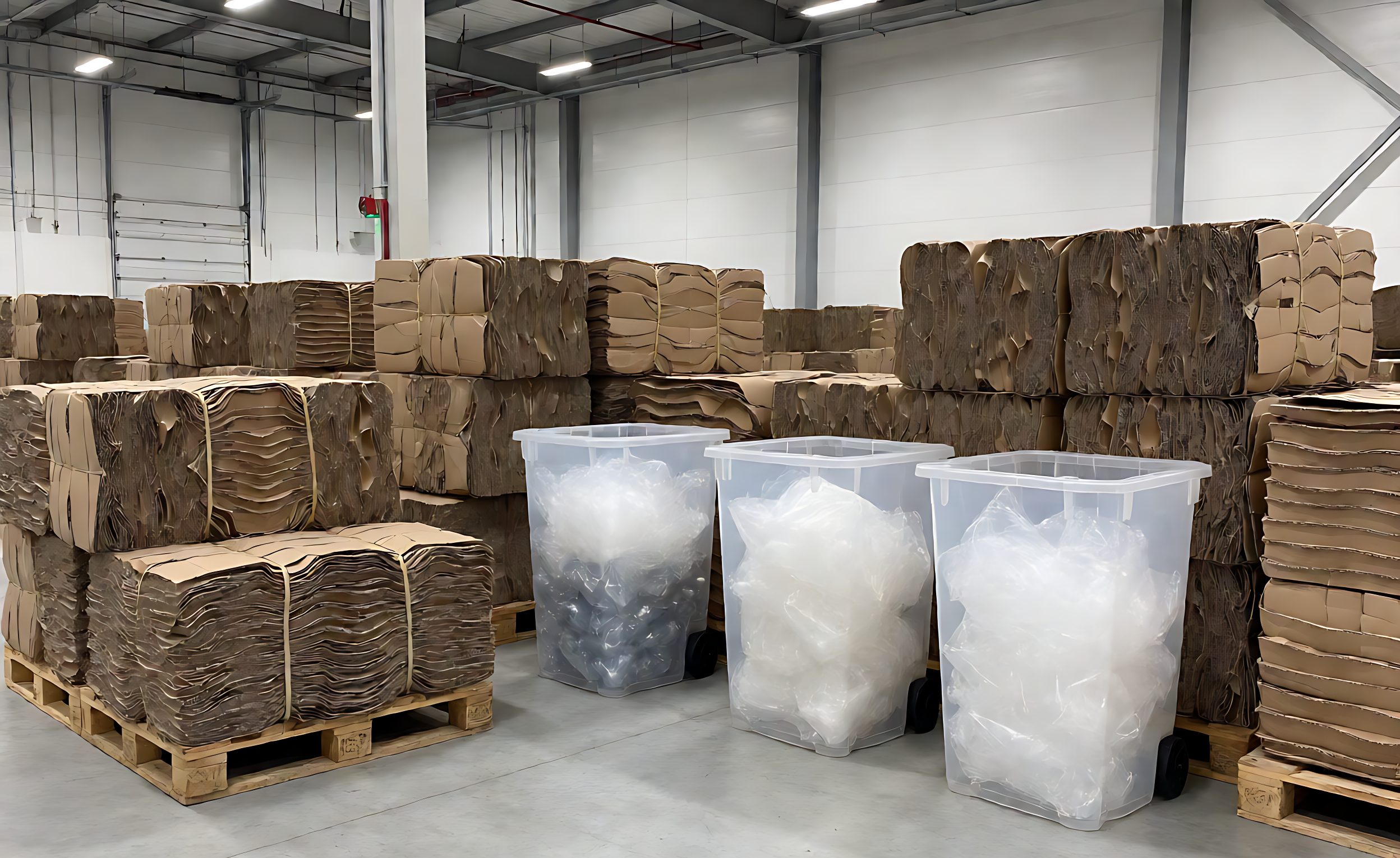 Baled cardboard and separated plastic film recycling bins in a warehouse sorting area