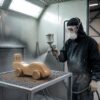 Operator spraying wooden toy parts with paint in a factory spray booth