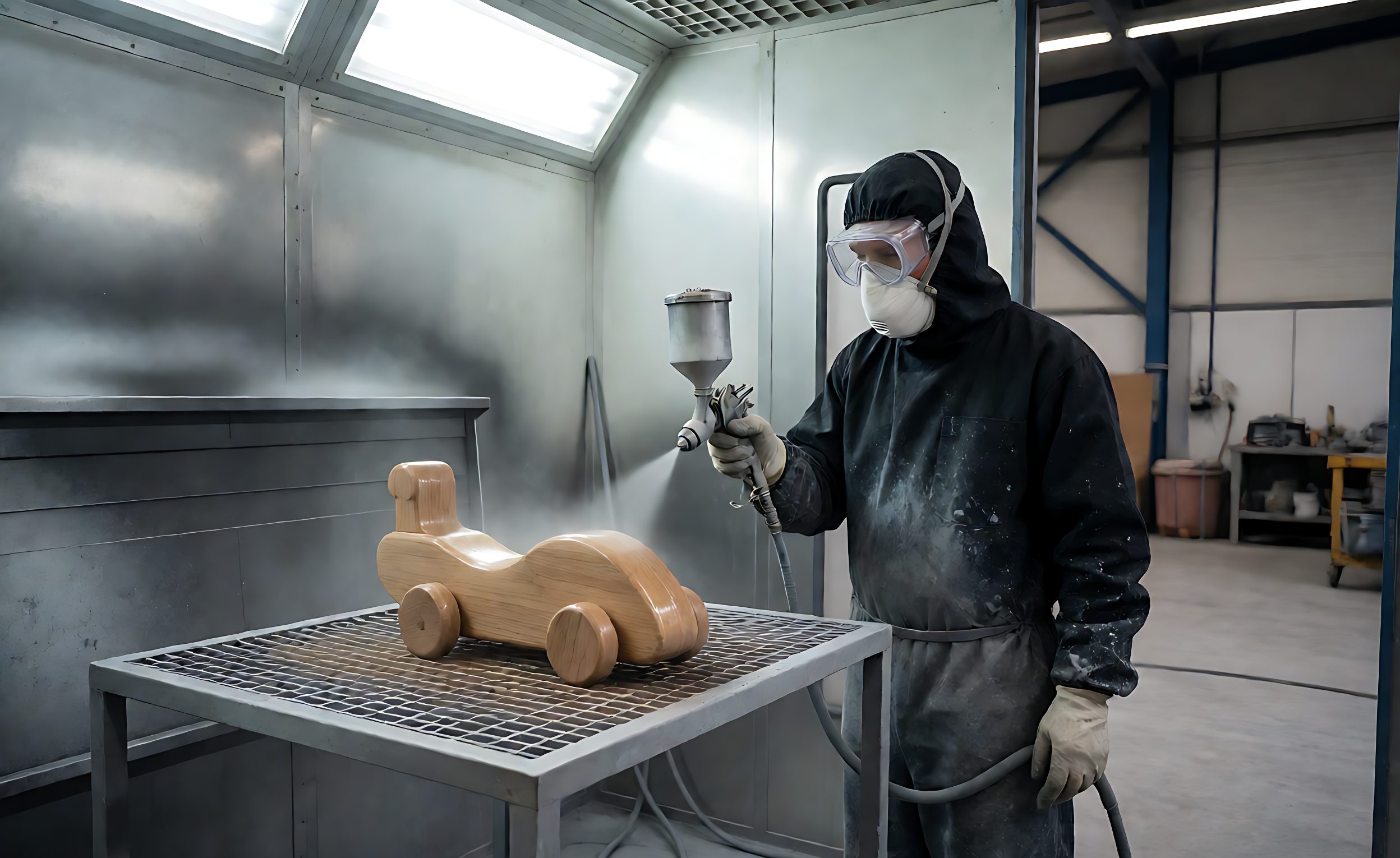 Operator spraying wooden toy parts with paint in a factory spray booth