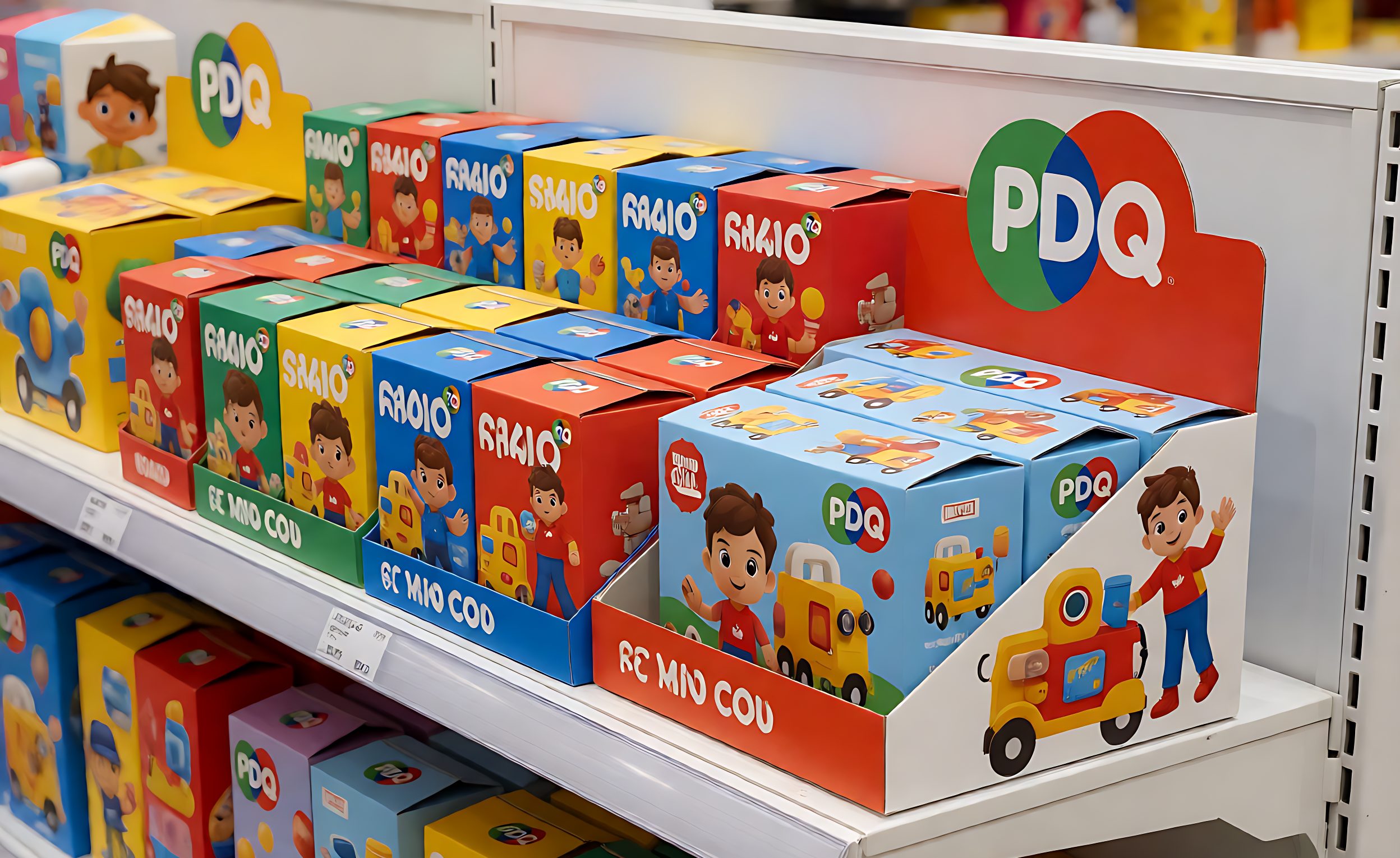 Retail shelf with toy display cartons and a PDQ counter display box