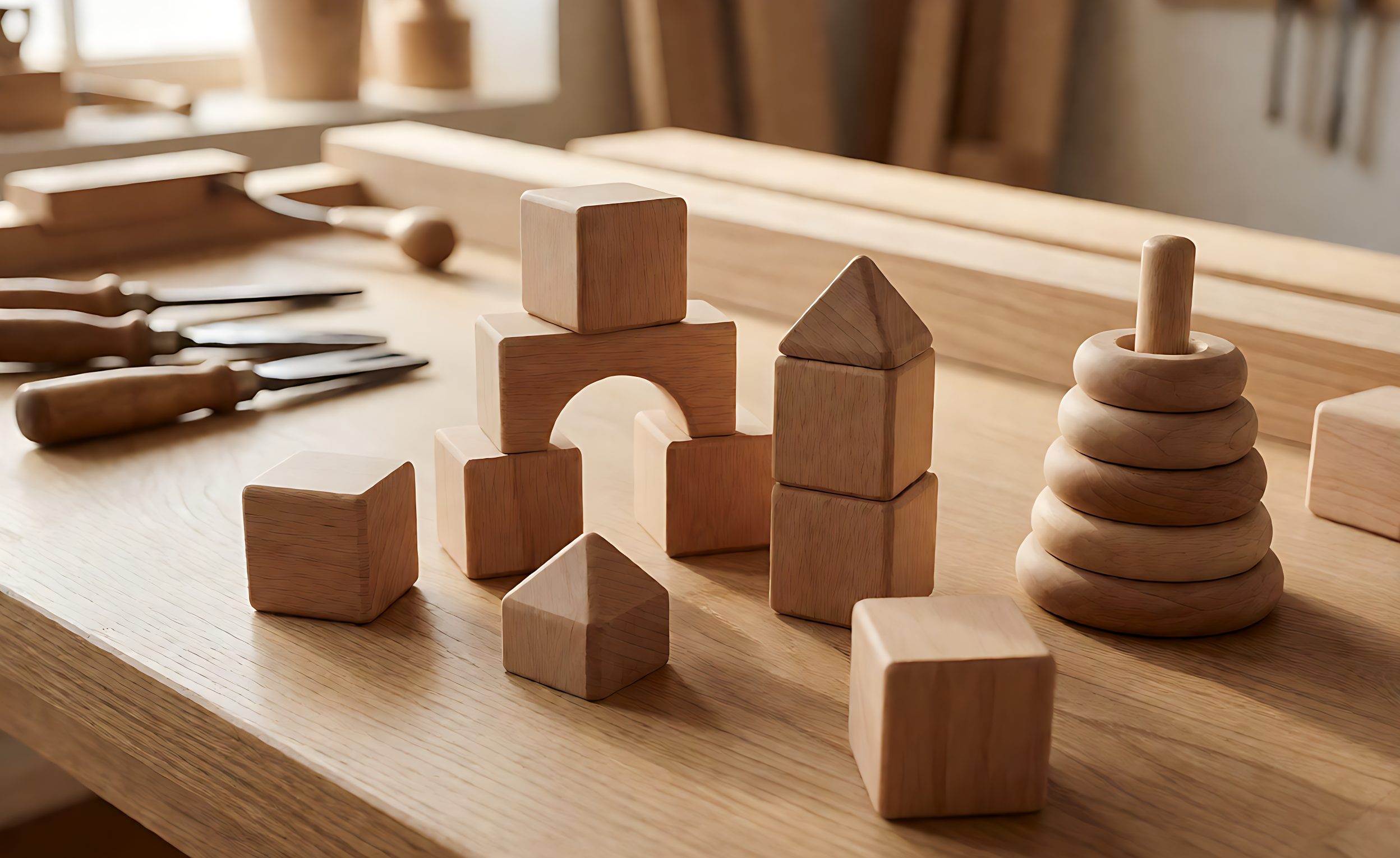 Wooden toy blocks and stacking rings on a workshop bench