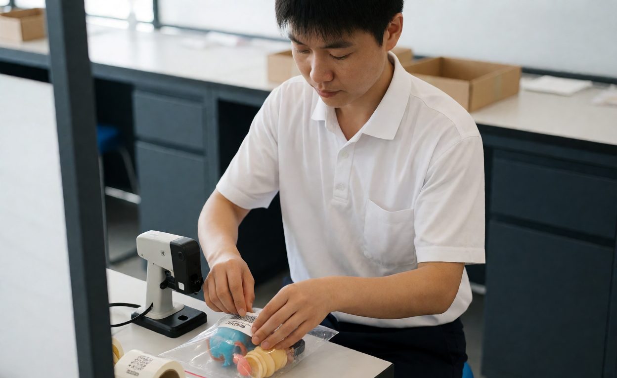 Worker applying a barcode label to a poly bag containing a small toy