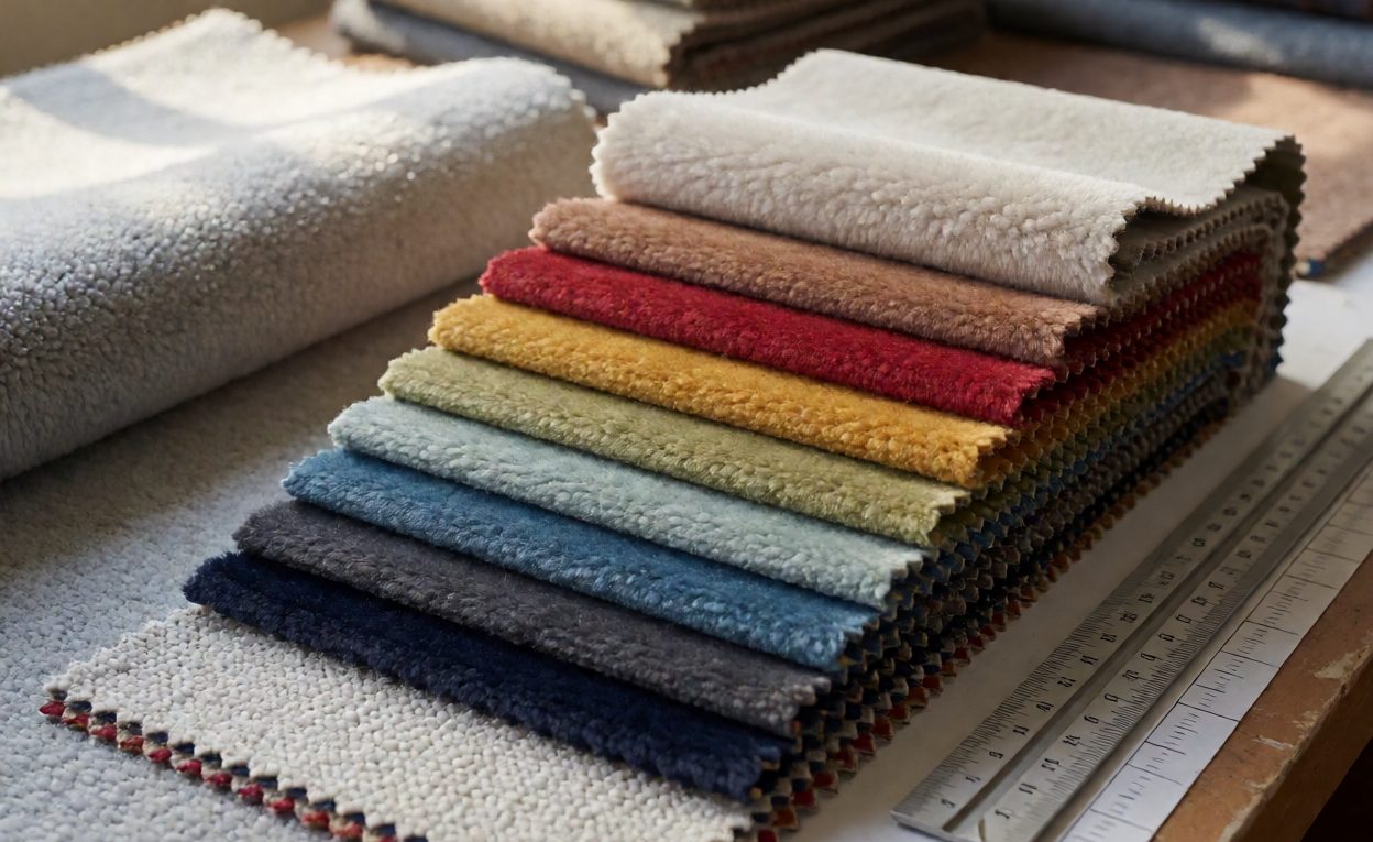 Plush fabric swatches of different pile lengths beside a thickness gauge