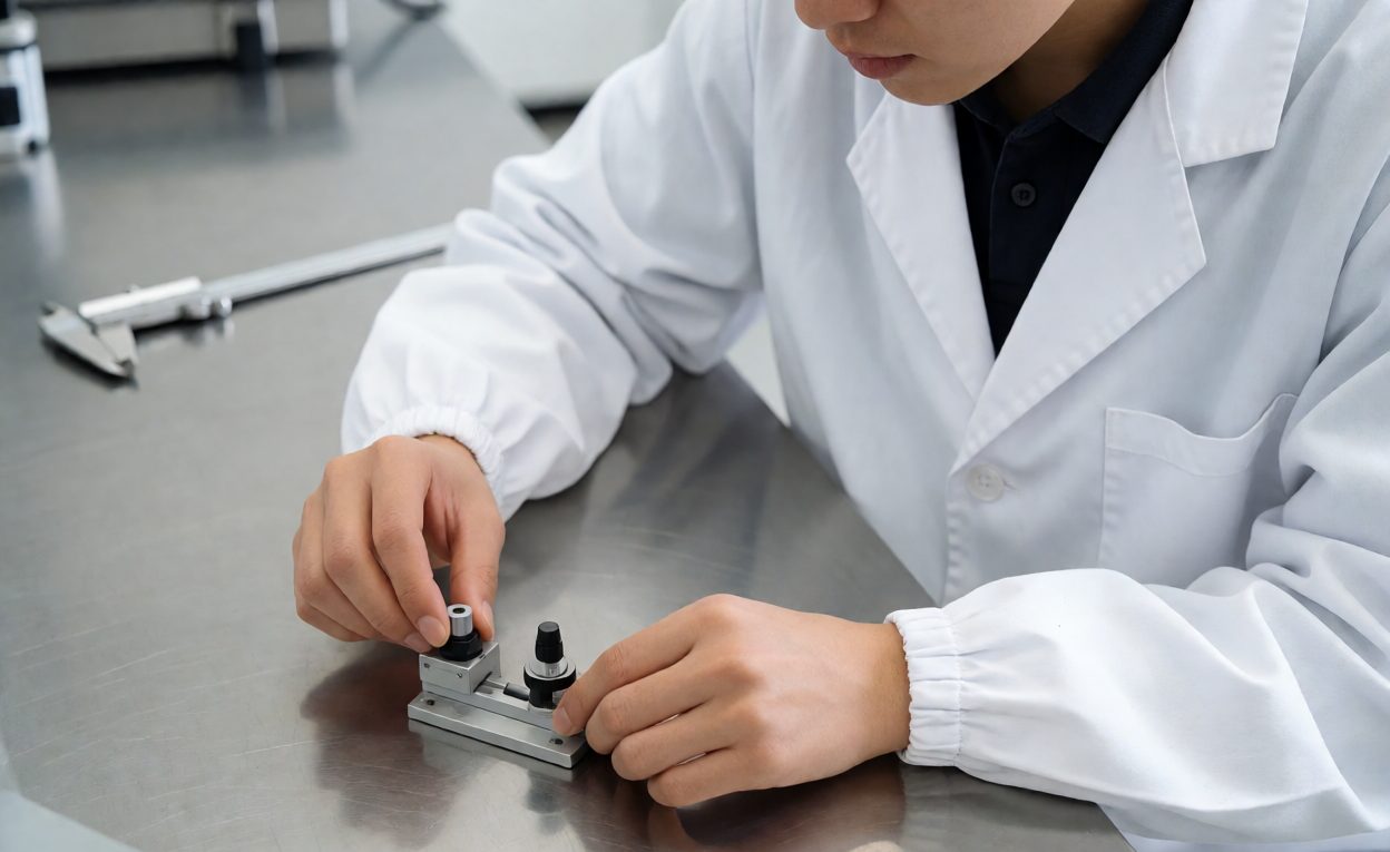 Small Parts Gauge Testing For Under-Three Toys Technician placing a small toy component into a small parts test gauge