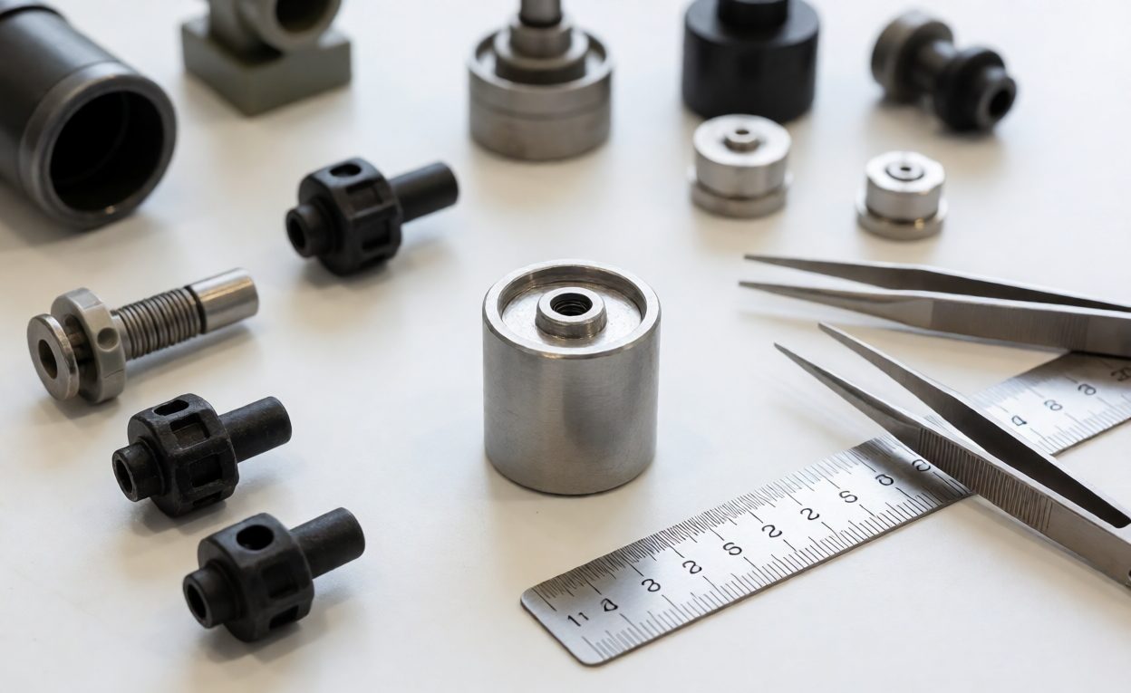 Small parts test cylinder and toy components with tweezers and a ruler