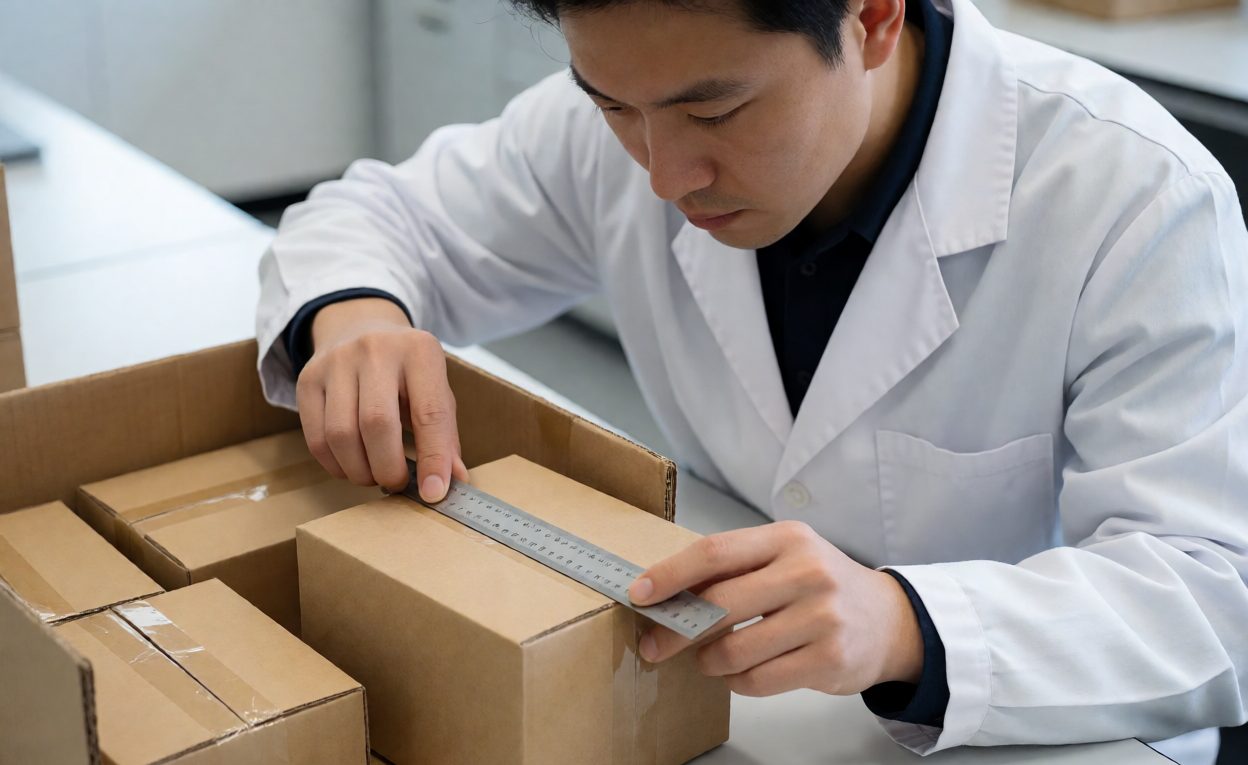 Assessing Carton Damage After A Corner Drop Engineer measuring a crushed carton corner after a drop test