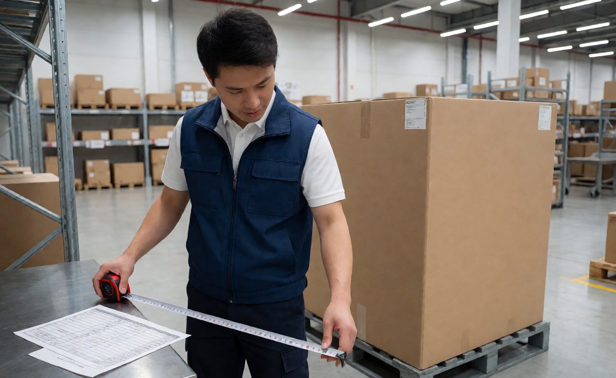Measuring Master Cartons For A Loading Plan Planner measuring a master carton beside a spreadsheet of carton dimensions