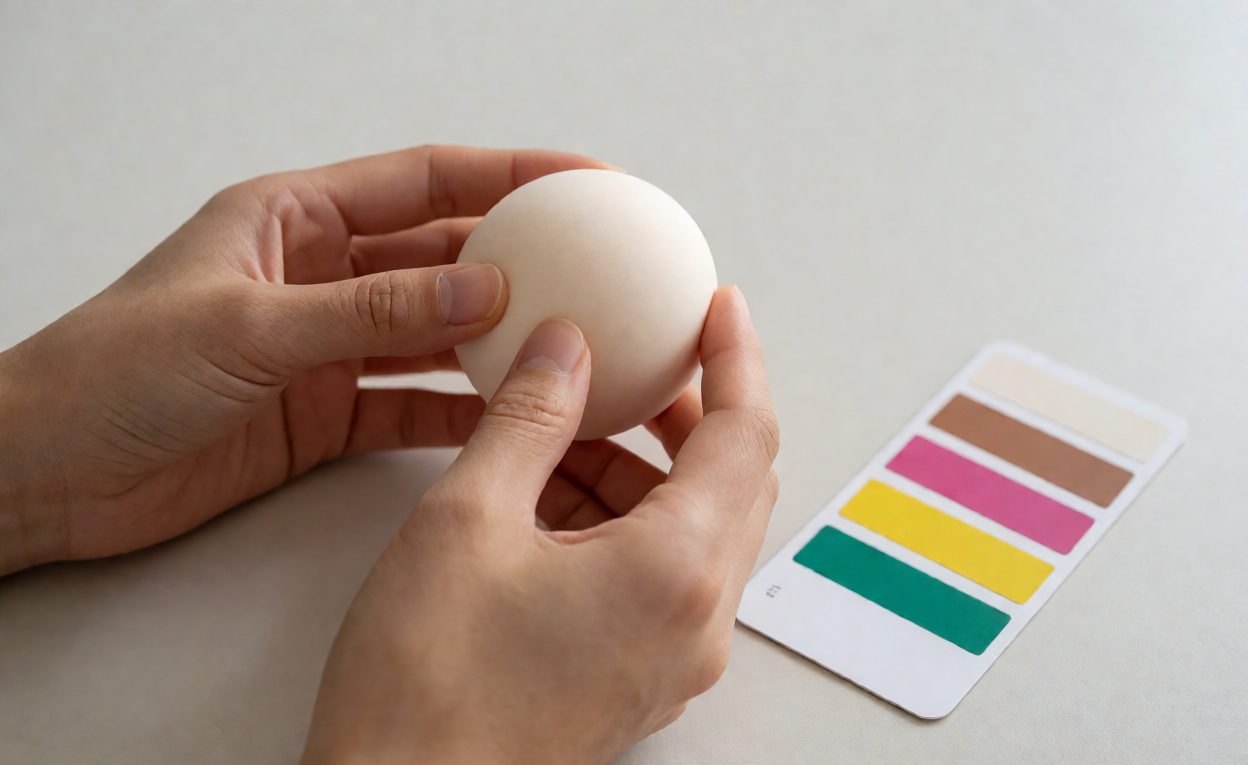Testing Sample Texture Against A Colour Reference Hands squeezing a soft toy sample next to a colour reference card