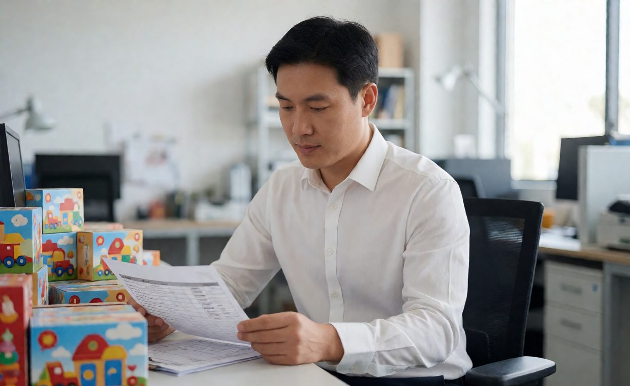 Tracking Production Units For Royalty Reporting Production planner reviewing a printed production order beside stacked toy cartons