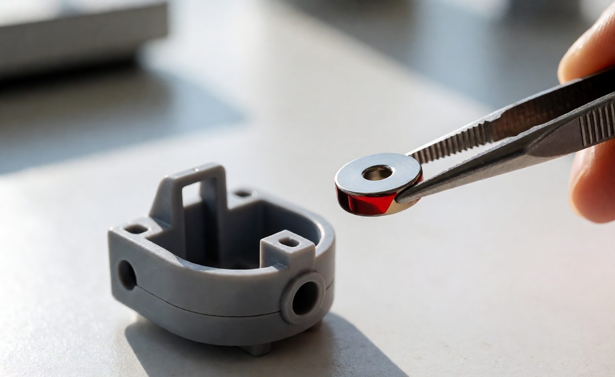A Loose Magnet And The Housing Meant To Contain It Small disc magnet held in tweezers beside a plastic toy housing component