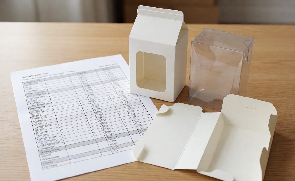 Packaging declaration sheet beside a toy carton sleeve, plastic window and paper insert