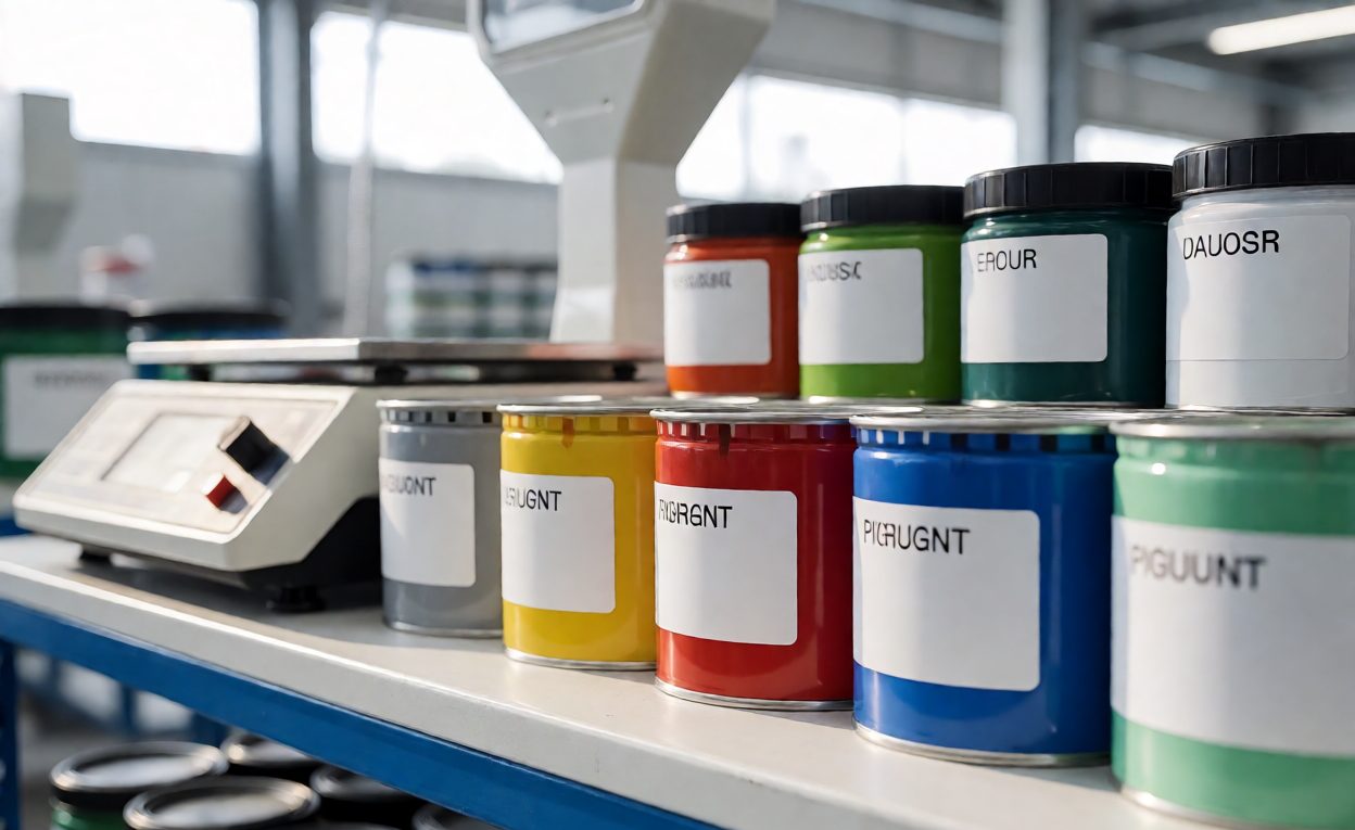 Controlled Paint And Pigment Storage Labelled paint tins and pigment containers on a factory shelf beside a mixing scale