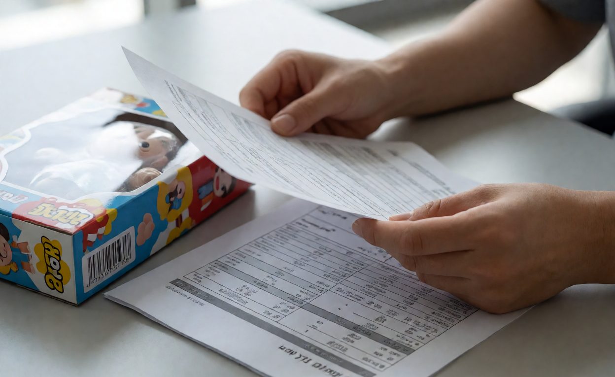Hands reviewing printed laboratory test reports next to a toy packaging sample