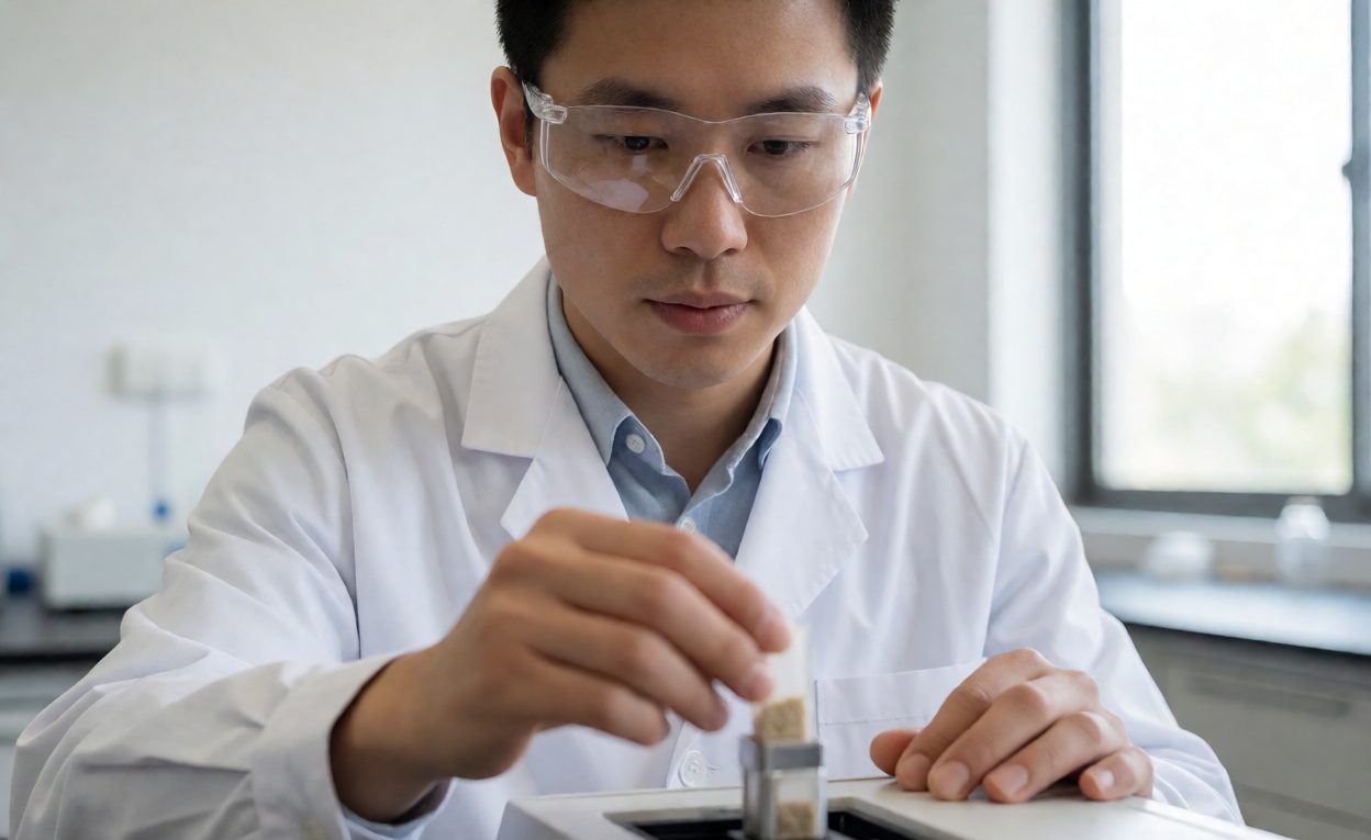 Running A Material Test In A Laboratory Lab technician placing a material sample into a testing instrument