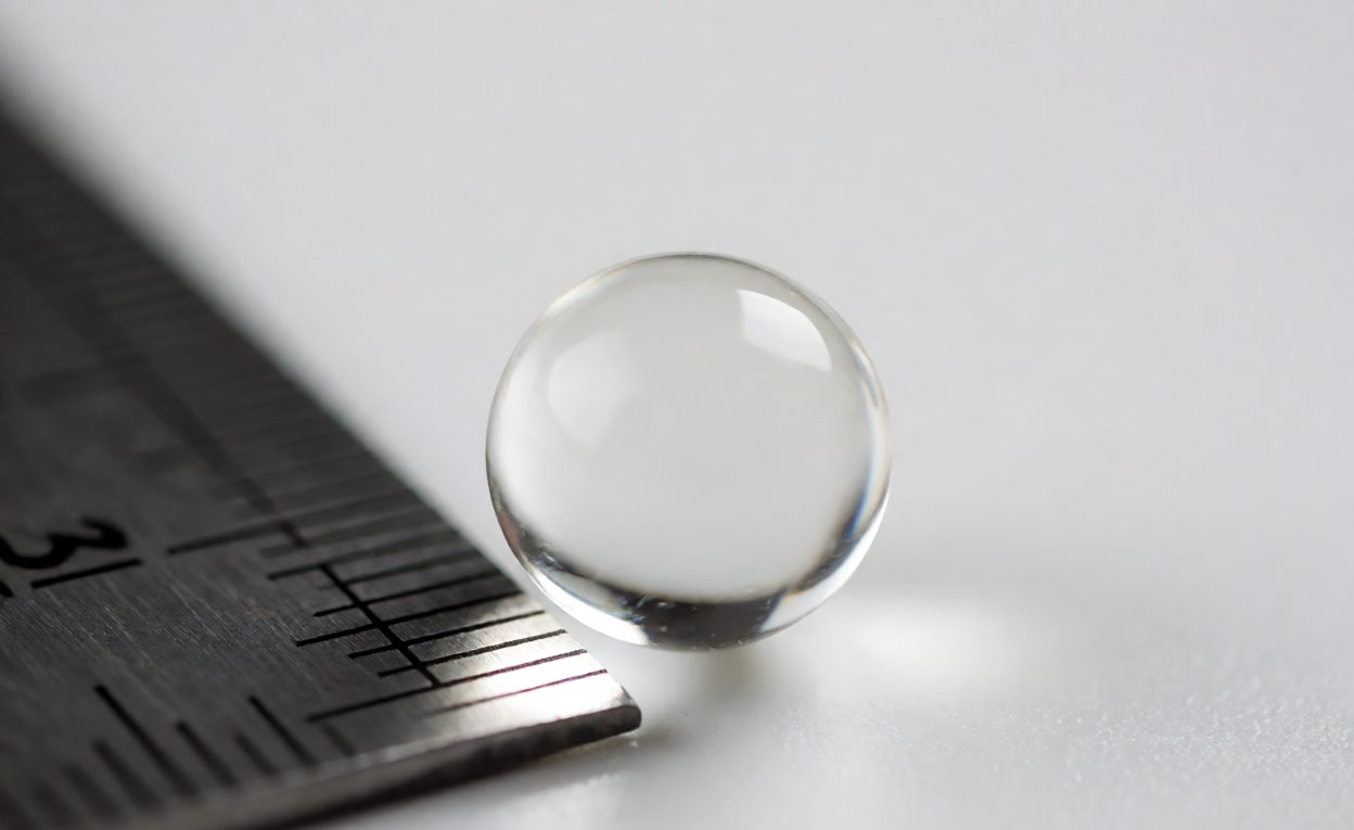 Measuring Hydrated Water Bead Diameter Macro view of a hydrated water bead next to a ruler for scale