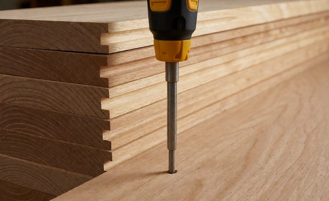 Checking Moisture Content Of Hardwood Moisture meter measuring a hardwood board in a woodworking shop