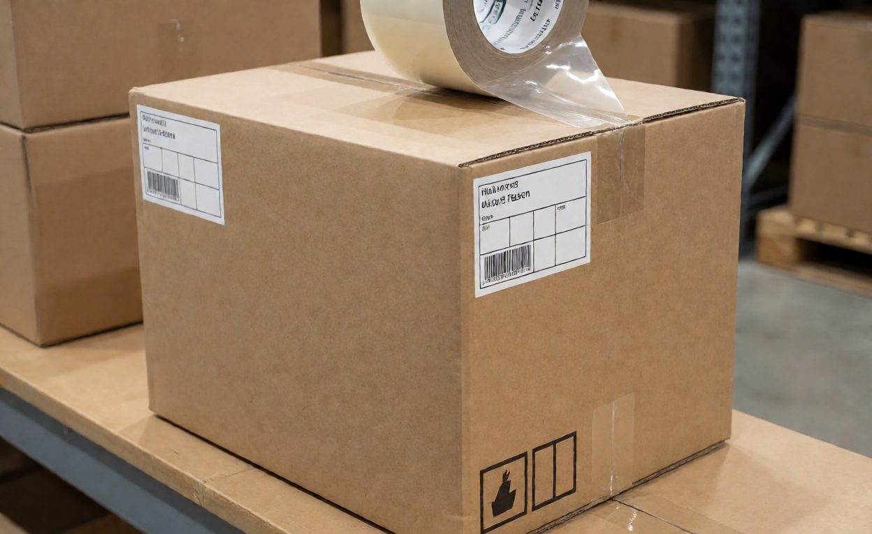 Master carton sealed with tape and marked with labels on two sides